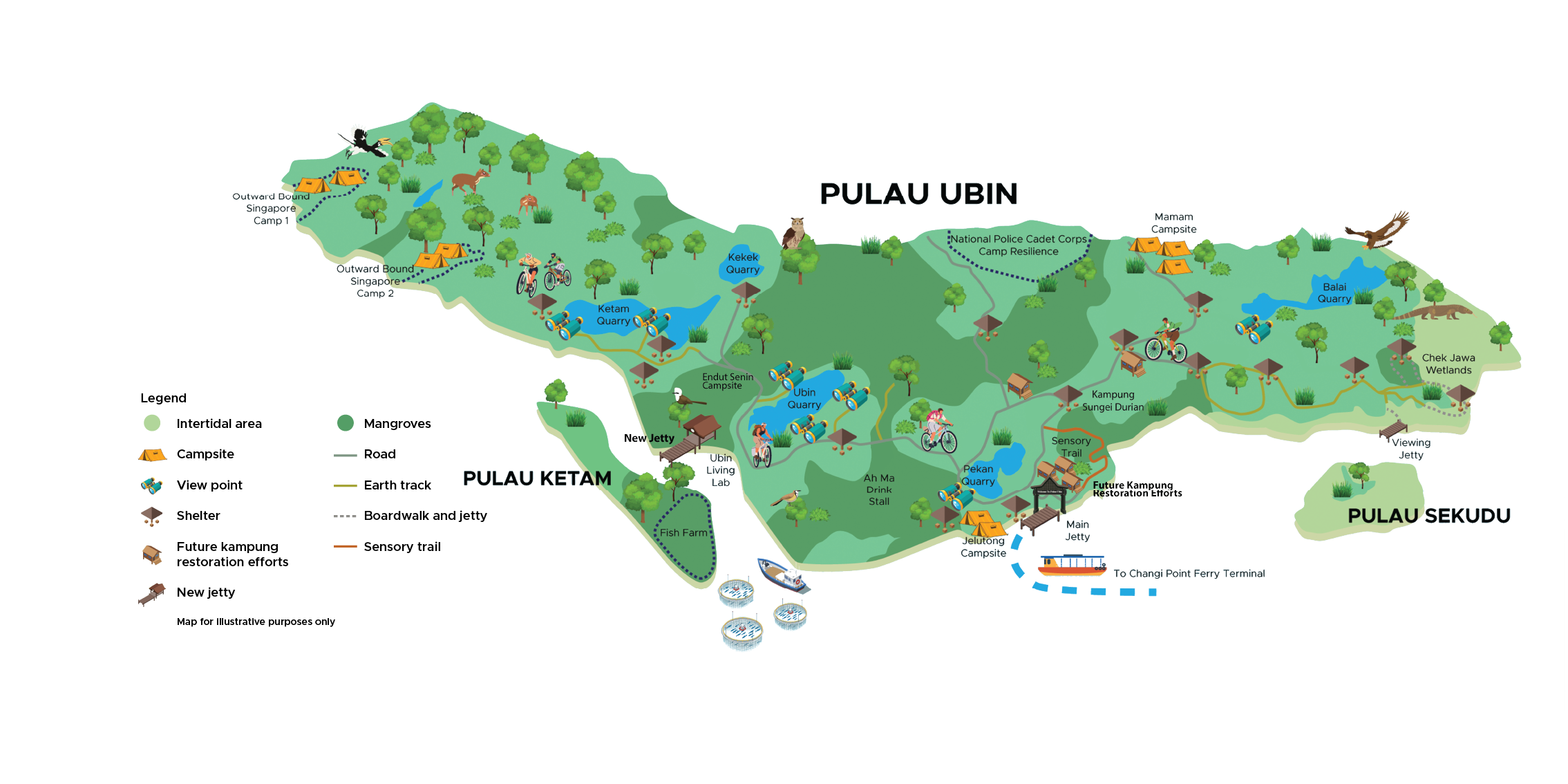 Map of Pulau Ubin, Pulau Ketam, and Pulau Sekudu, Singapore, showing campsites, quarries, roads, and trails.